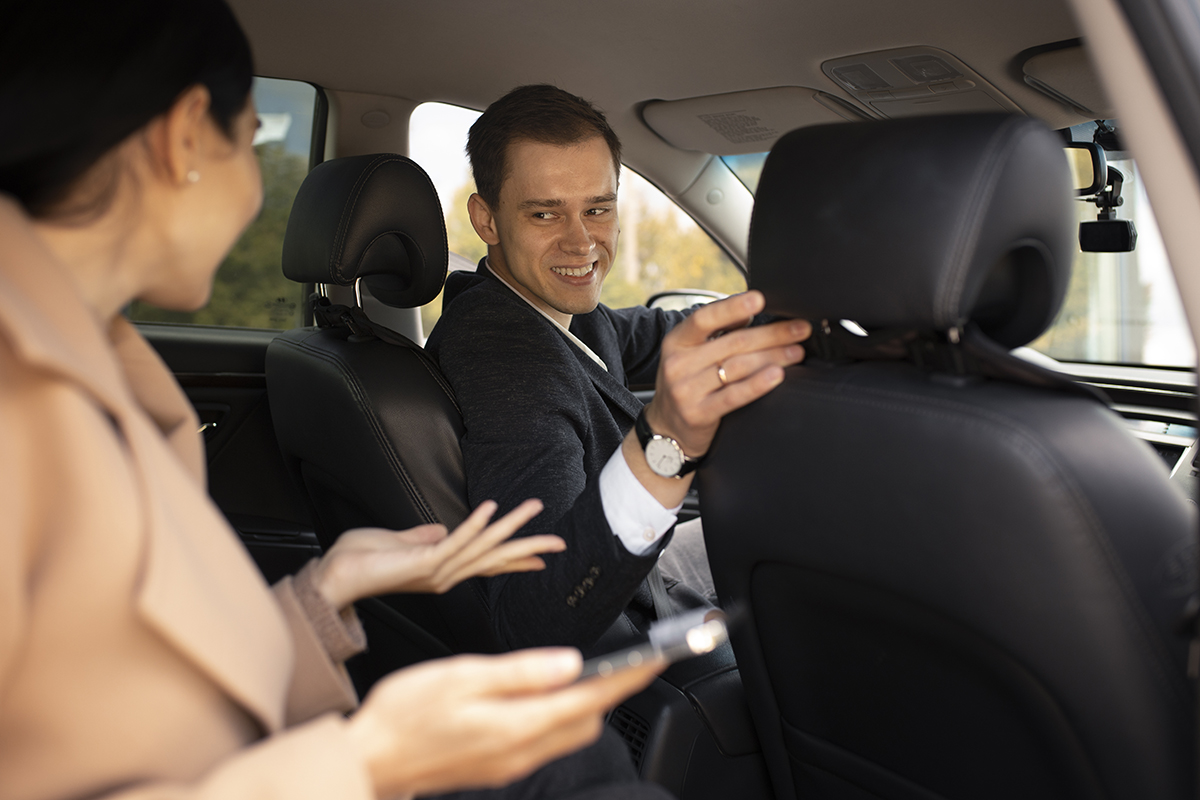 Woman Talking With Taxi Driver Car